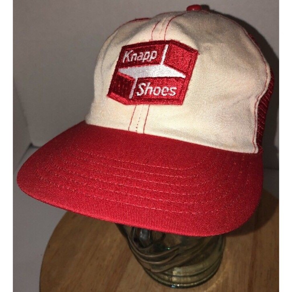 VTG KNAPP SHOES 70s 80s USA Red White Trucker Hat Cap Snapback Boots RARE PATCH